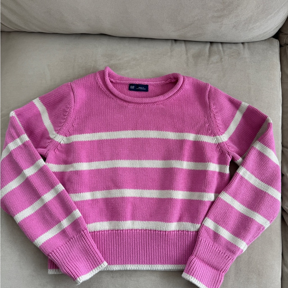 GAP Pink and White Striped Crewneck Sweater